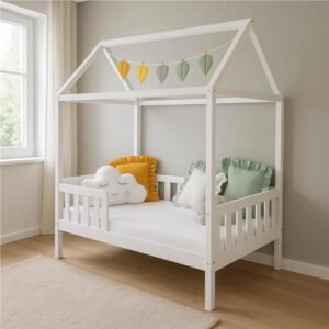 Detská posteľ domček so zábradlím a roštom New Baby CASTELLO 160x80 cm biela - NEW BABY
