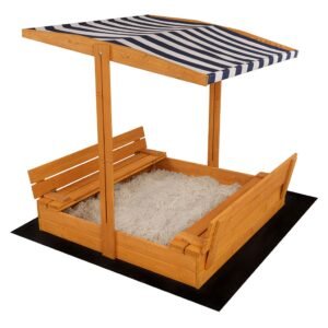Detské drevené uzatvárateľné pieskovisko s lavičkami a strieškou Baby Mix 120x120 cm modro-biele - BABY MIX