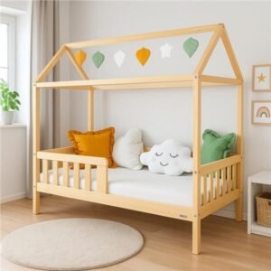 Detská posteľ domček so zábradlím a roštom New Baby CASTELLO 160x80 cm prírodná - NEW BABY