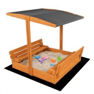 Detské drevené uzatvárateľné pieskovisko s lavičkami a strieškou Baby Mix 120x120 cm sivé - BABY MIX
