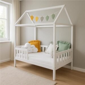 Detská posteľ domček so zábradlím a roštom New Baby CASTELLO 180x90 cm biela - NEW BABY